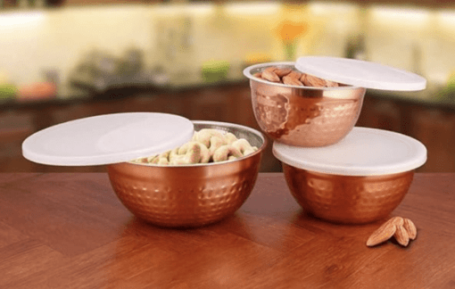 Shri & Sam Fresco Copper Coating Hammered Shape 3 PCS Air Tight Storage Container/Bowls Set for Dry Foods (Size : 14cm - 850ml, 16cm - 1150ml, 18cm - 1550ml) - Image 3